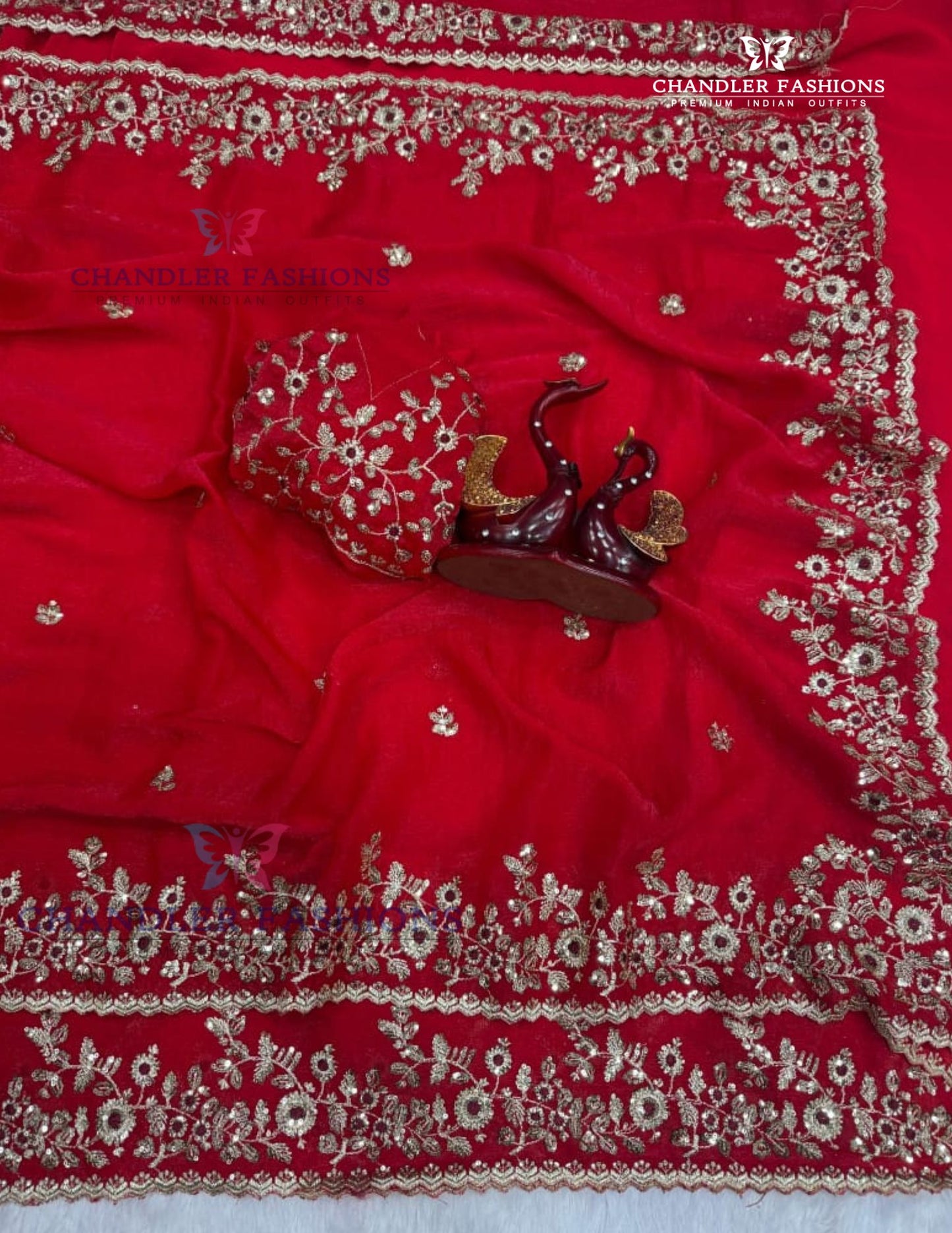 Stunning Red Color Chiffon Saree With Sequins And Embroidery Work For Women