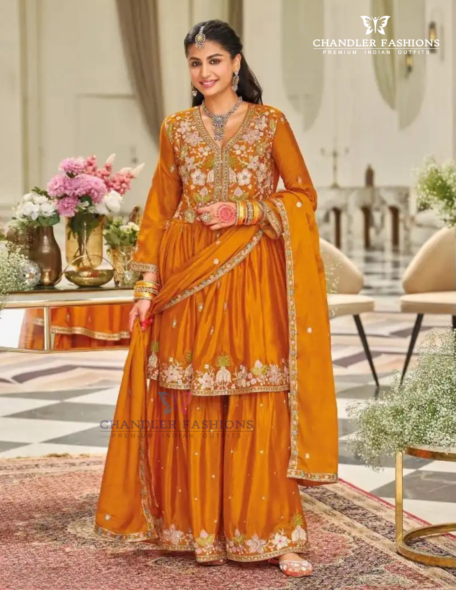 Elegant Orange Color Chinon With Emboidery Work Sharara Suits With Dupatta For Women