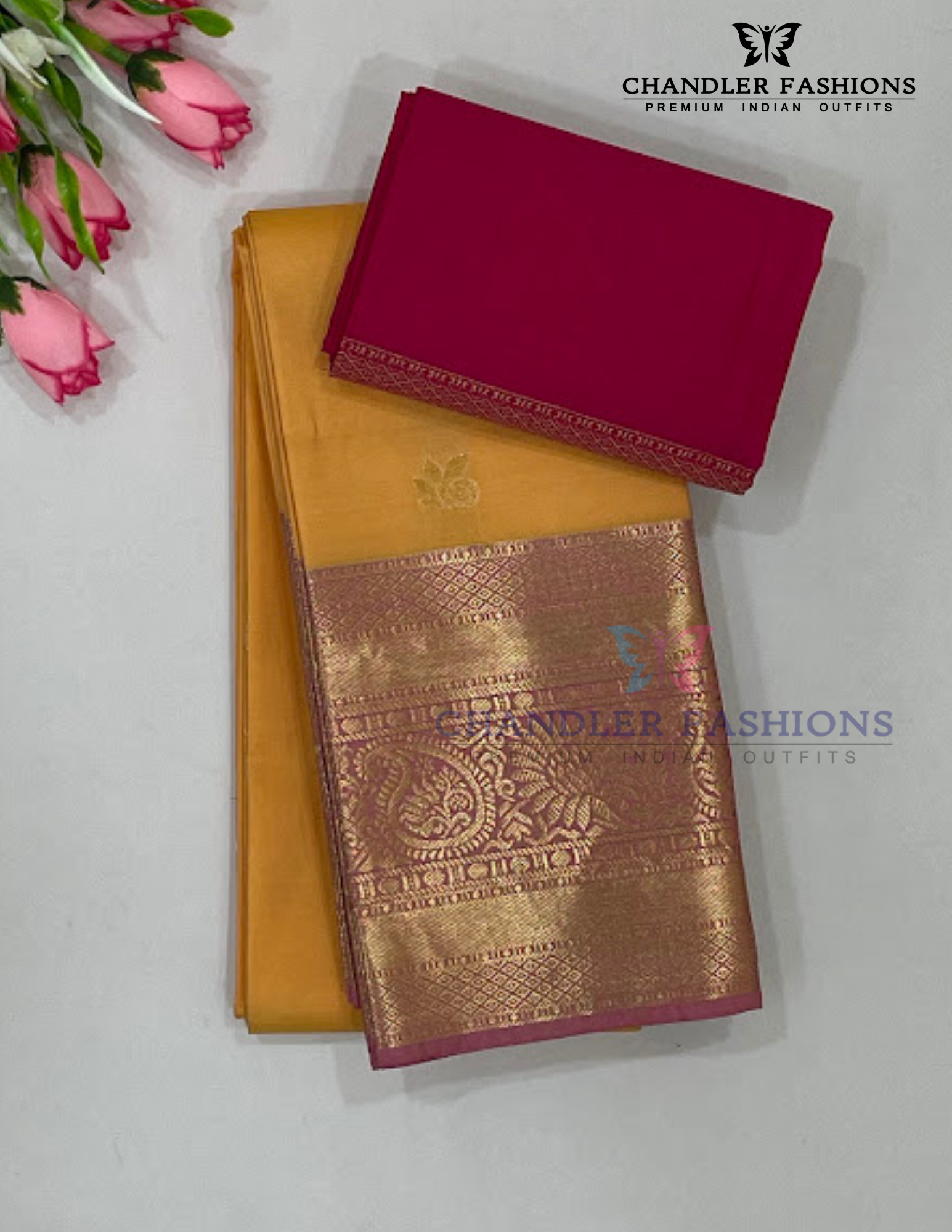 Attractive Yellow Color Pure Kanchi Silk With Bottle Pink Color paisley Motifs Border And Gold Zari Work Saree For Women