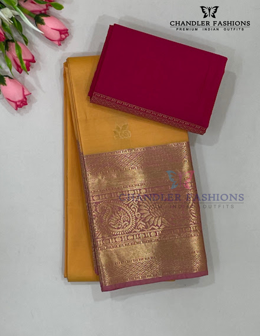Attractive Yellow Color Pure Kanchi Silk With Bottle Pink Color paisley Motifs Border And Gold Zari Work Saree For Women