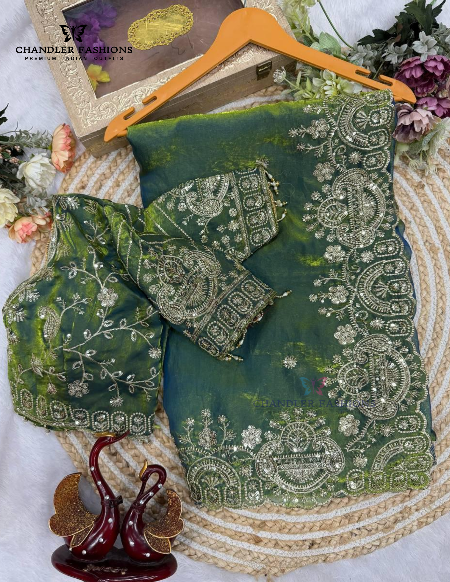 Alluring Green Color Silk With Zari Embroidery And Sequins Work Saree For Women