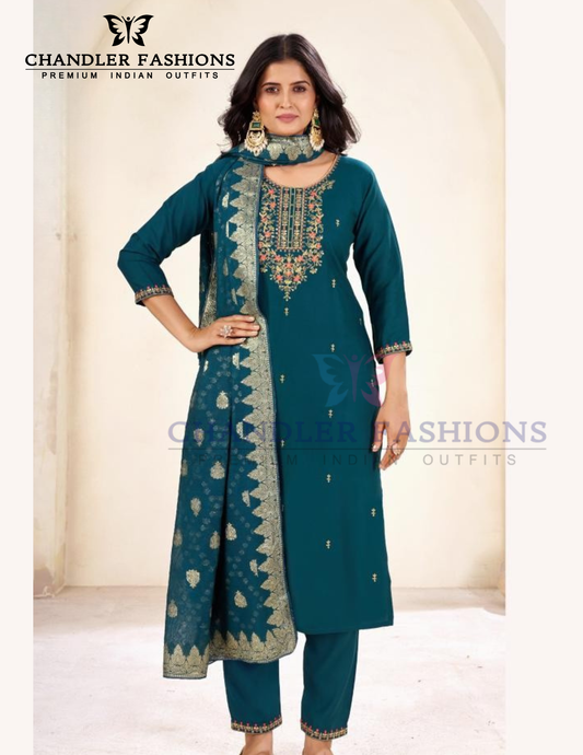 Fabulous Teal Blue Color Rayon With Thread Work Salwar Suits For Women