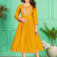 Attactive yellow Color Screen Print Flared Long Kurti With Computer Embroidery Yock With Lace Kurti For Women