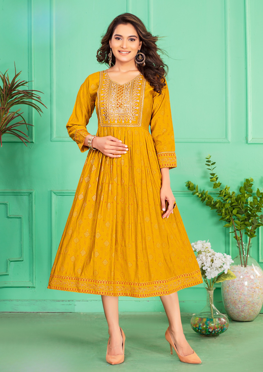 Attactive yellow Color Screen Print Flared Long Kurti With Computer Embroidery Yock With Lace Kurti For Women