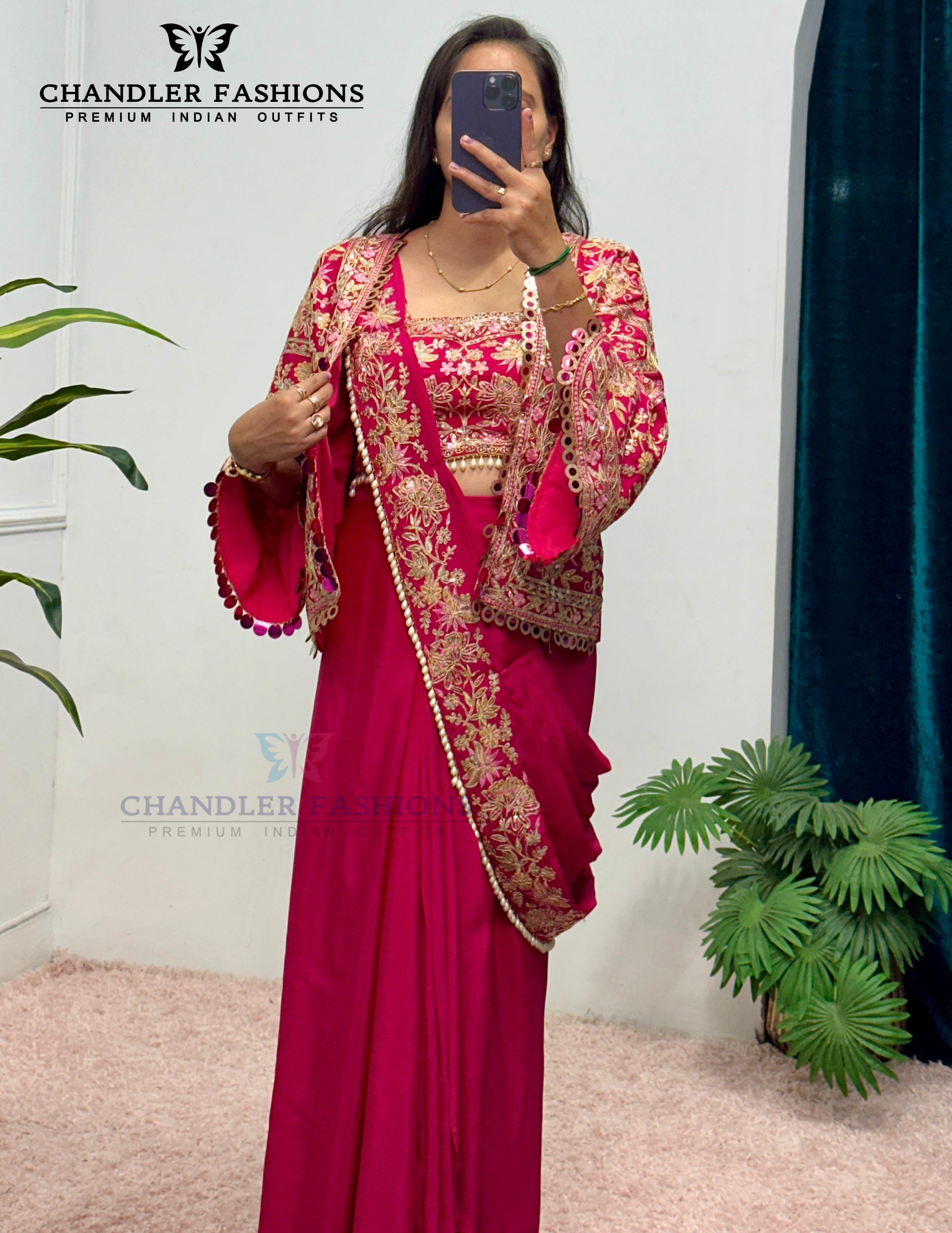 Dark Pink Color Heavy Embroidery Work Ready To Wear Saree In Mesa