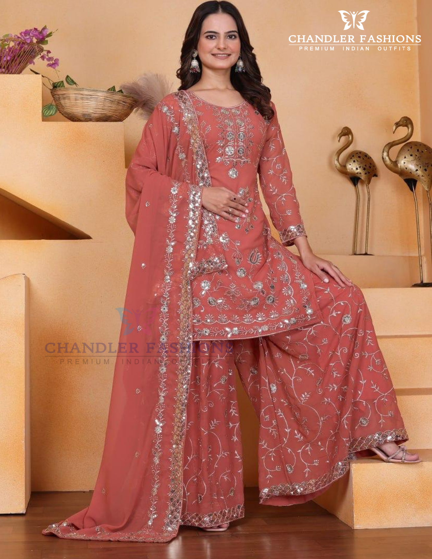 Peach Color Faux Georgette Sharara Suit With Sequins And Embroidery Work Near Me