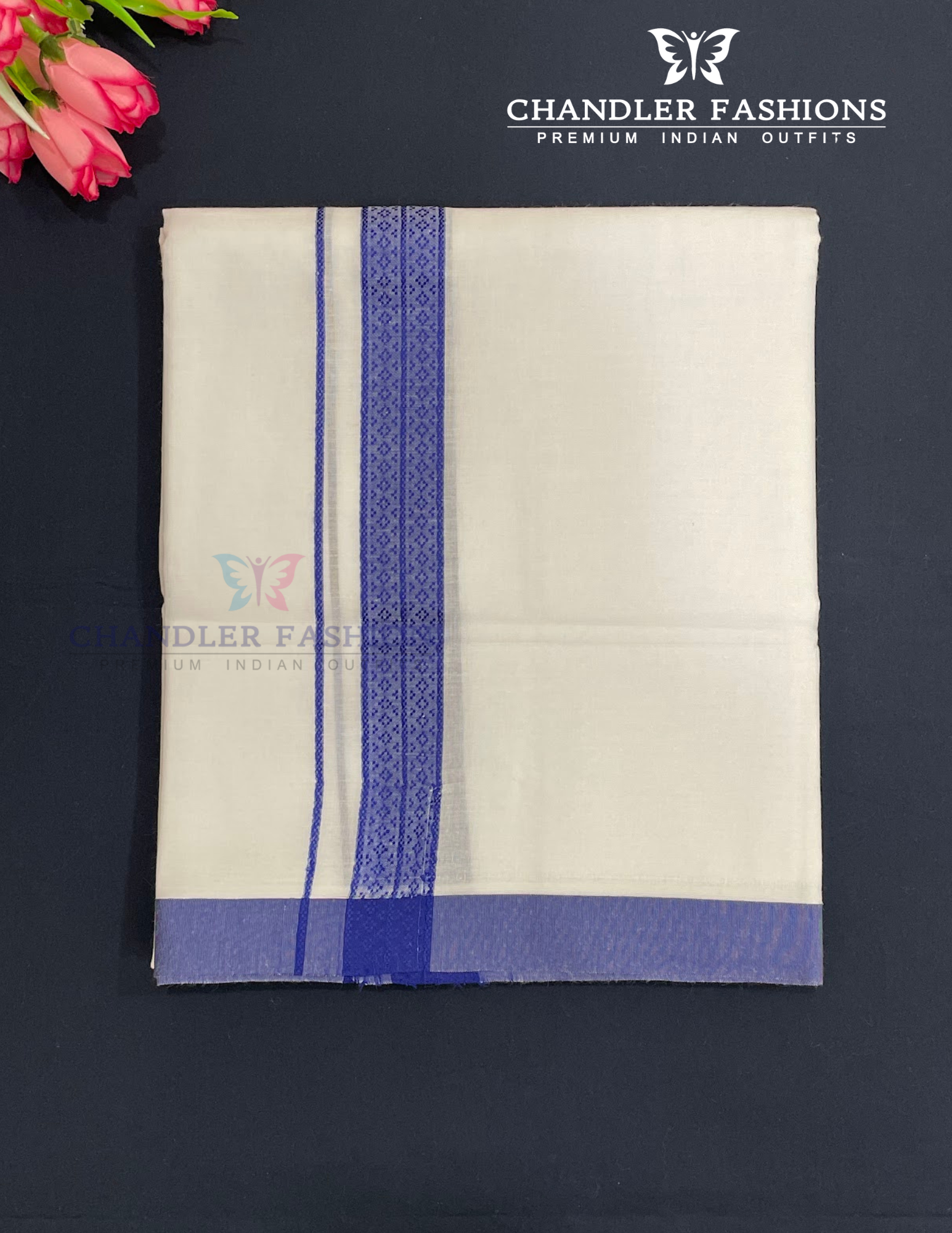 Elegant Men's White Premium Pure Cotton Blue Color Border Dhoti Near Me