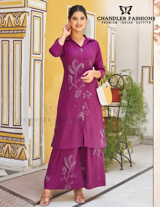 Wonderful Dark Pink Color Rayon Printed Kurti With Palazzo Pants