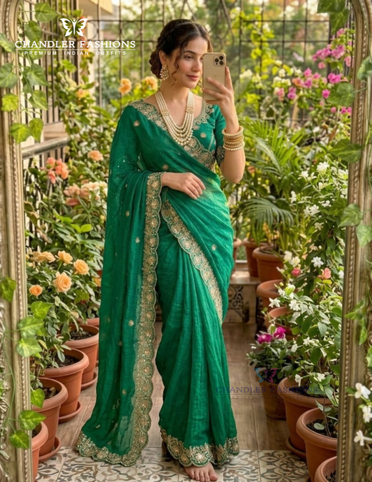 Appealing Green Color Satin With Embroidery And Sequins Work Saree For Women