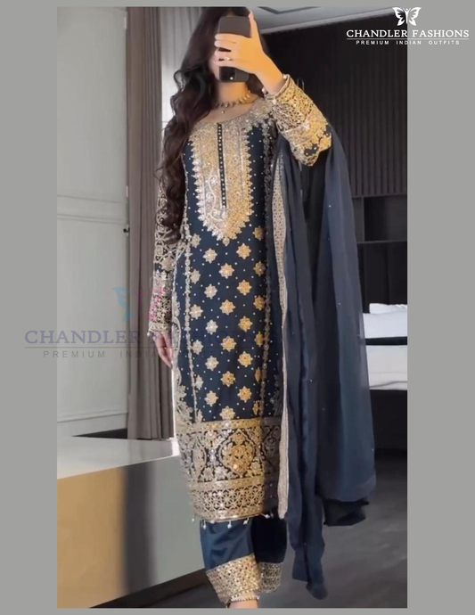 Attractive Bluish Gray Color Georgette Embroidery And Sequins Work Kurti Suits For Women