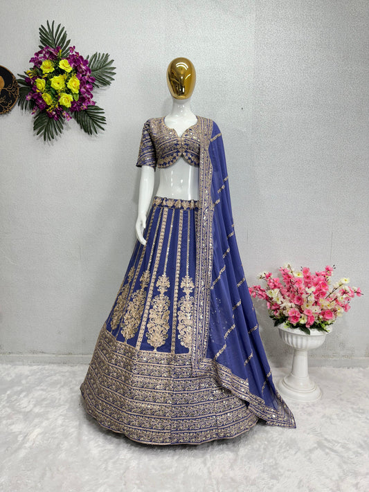 Beautiful Blue Colored Heavy Sequins Work Faux Georgette Lehenga Choli With Full Heavy Sequins Work Dupatta