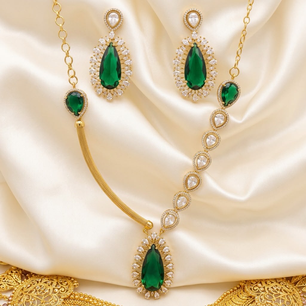 Premium Gold Plated Emerald Green Stones Necklace With Earrings For Women