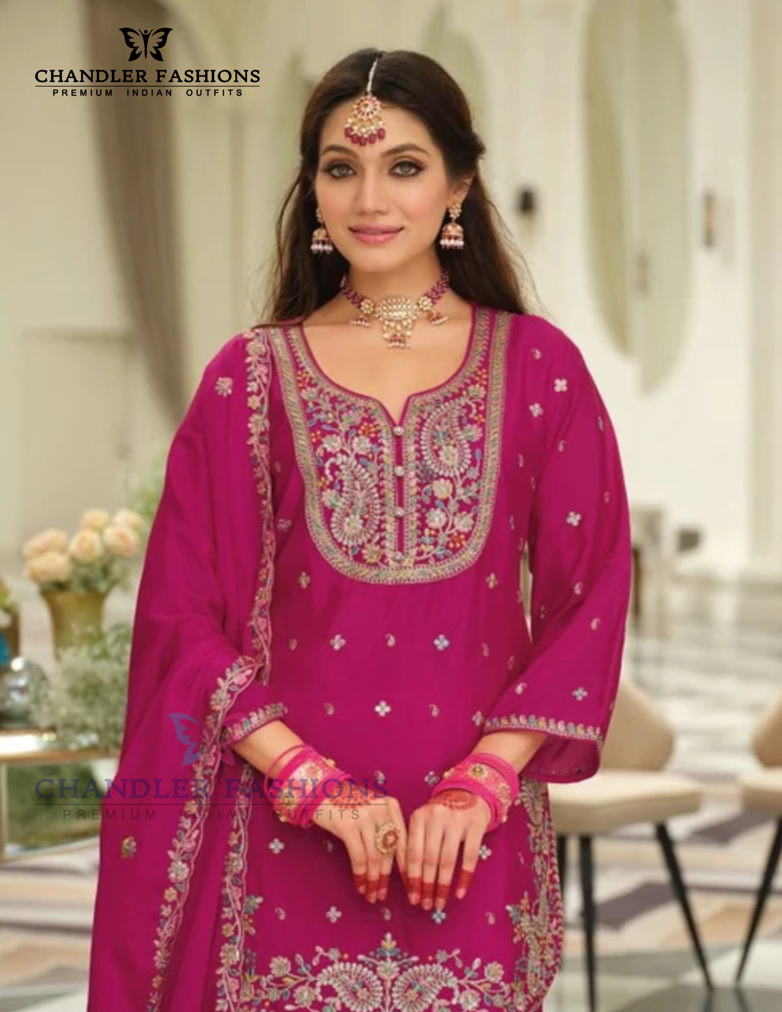 Charming Rani Pink Color Chinon Silk With Embroidery Work Palazzo Suits Near Me