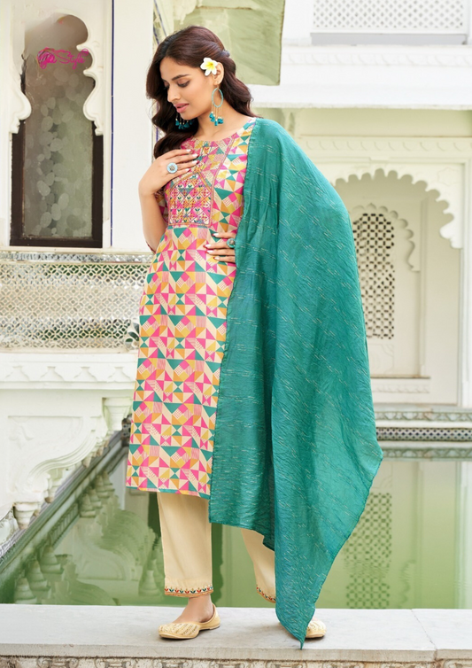 Attractive Multicolor Straight Kurthi With Pant And Fancy Jacquard Dupatta For Women