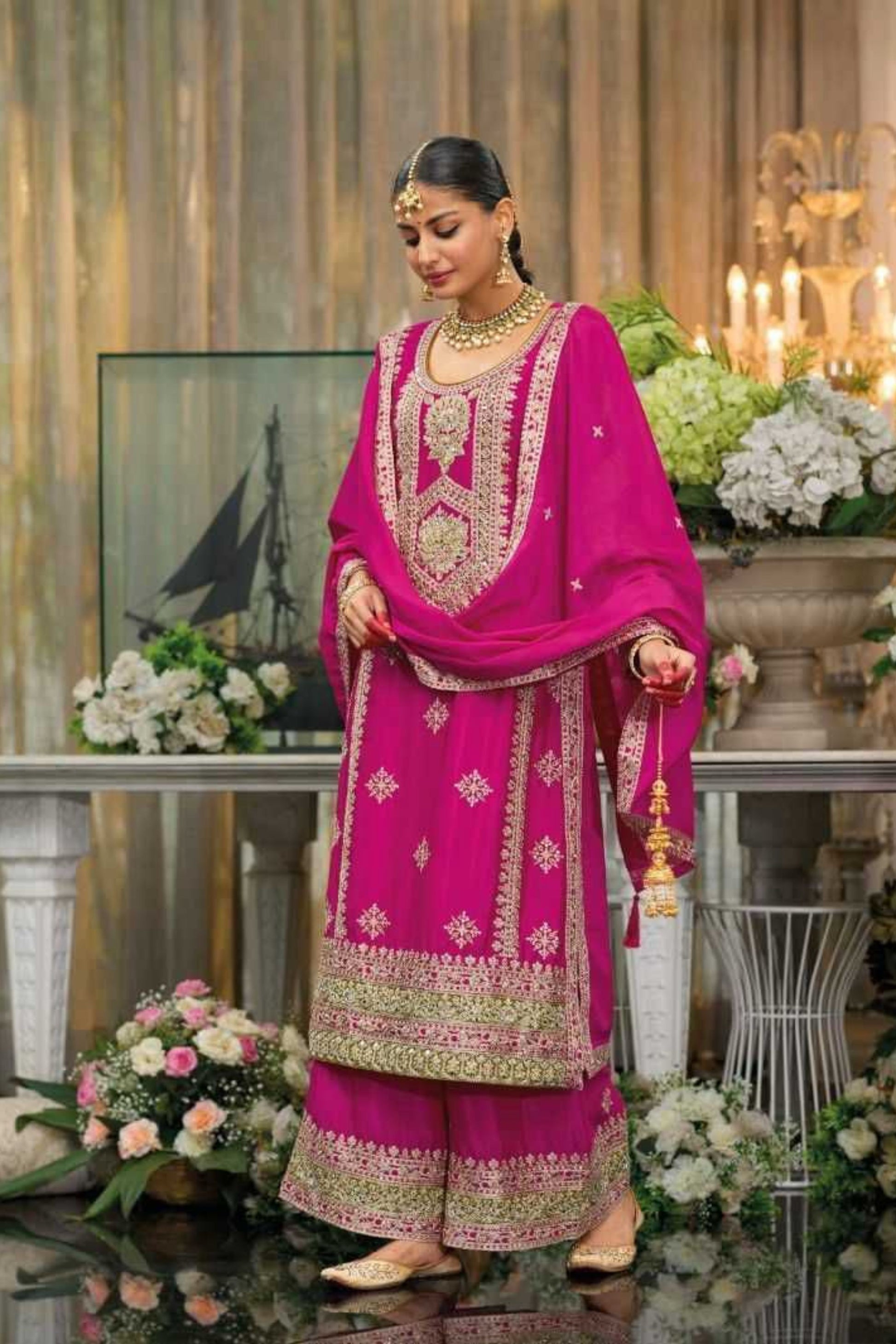 Attractive Designer Pink Color Palazzo Suits With Dupatta In Near Me