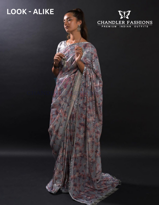 Attractive Gray Colored Sequins Work Embroidery Saree With Beautiful Latkan In Pallu