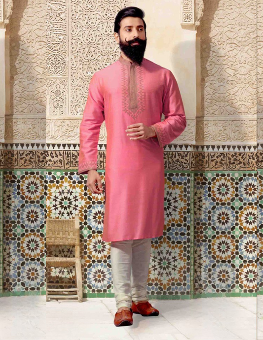 Pretty Pink Color Kurta Embroidery Work With Slub Silk Pajama Set For Men 
