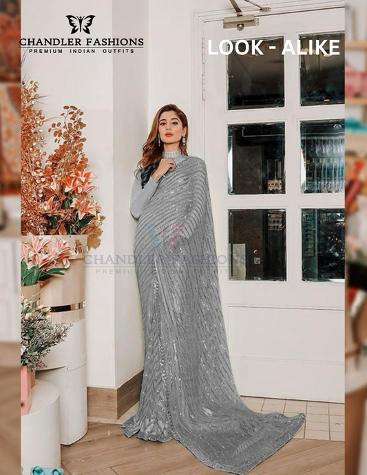 Charming Gray Color Heavy Georgette With Sequins Embroidery Work Party Wear Saree
