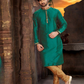 Fantastic Rama Green Color Thread Work Dupion Silk With Pajama Set For Men's Kurta