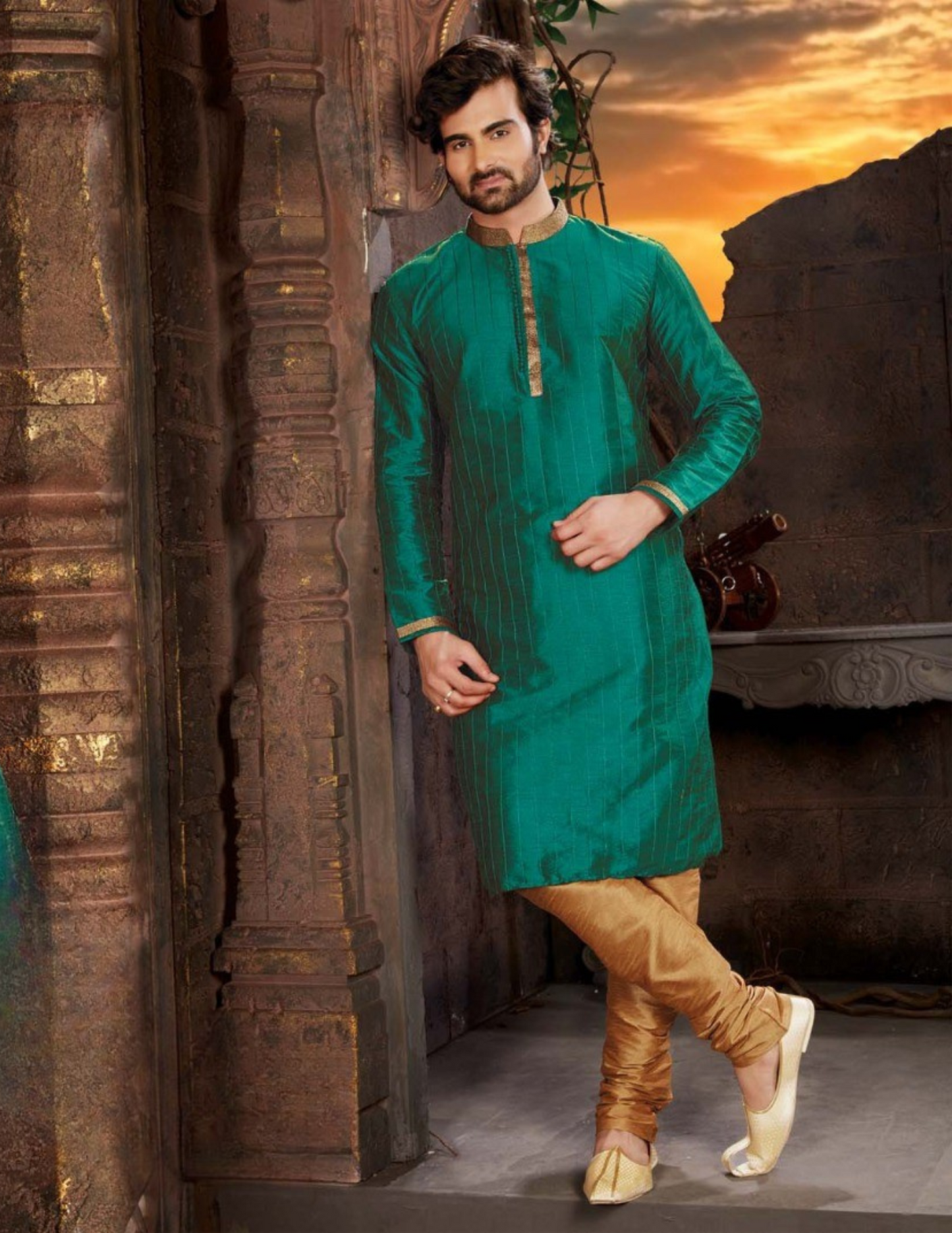 Fantastic Rama Green Color Thread Work Dupion Silk With Pajama Set For Men's Kurta