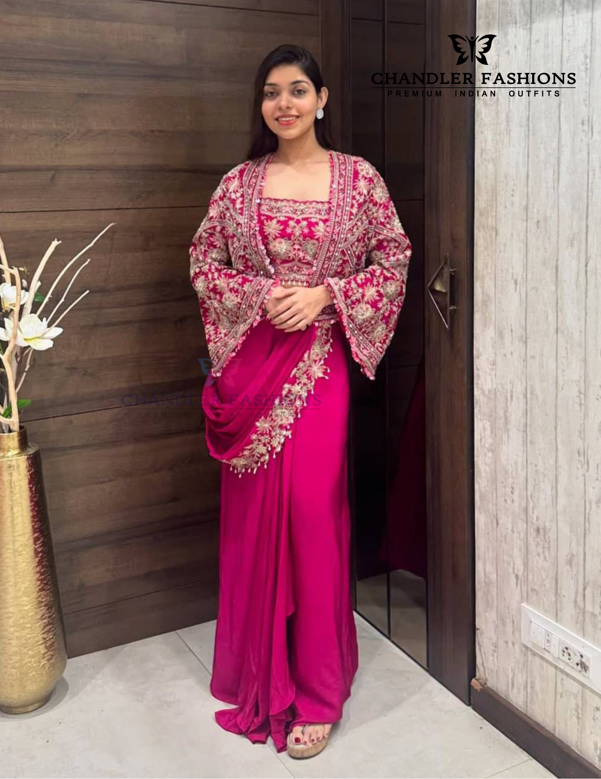 Attractive Dark Pink Color Heavy Embroidery Work Ready To Wear Saree For Women