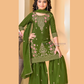 Attractive Olive Green Color Heavy Chinon With Embroidery And Sequins Work Palazzo Suits For Girls