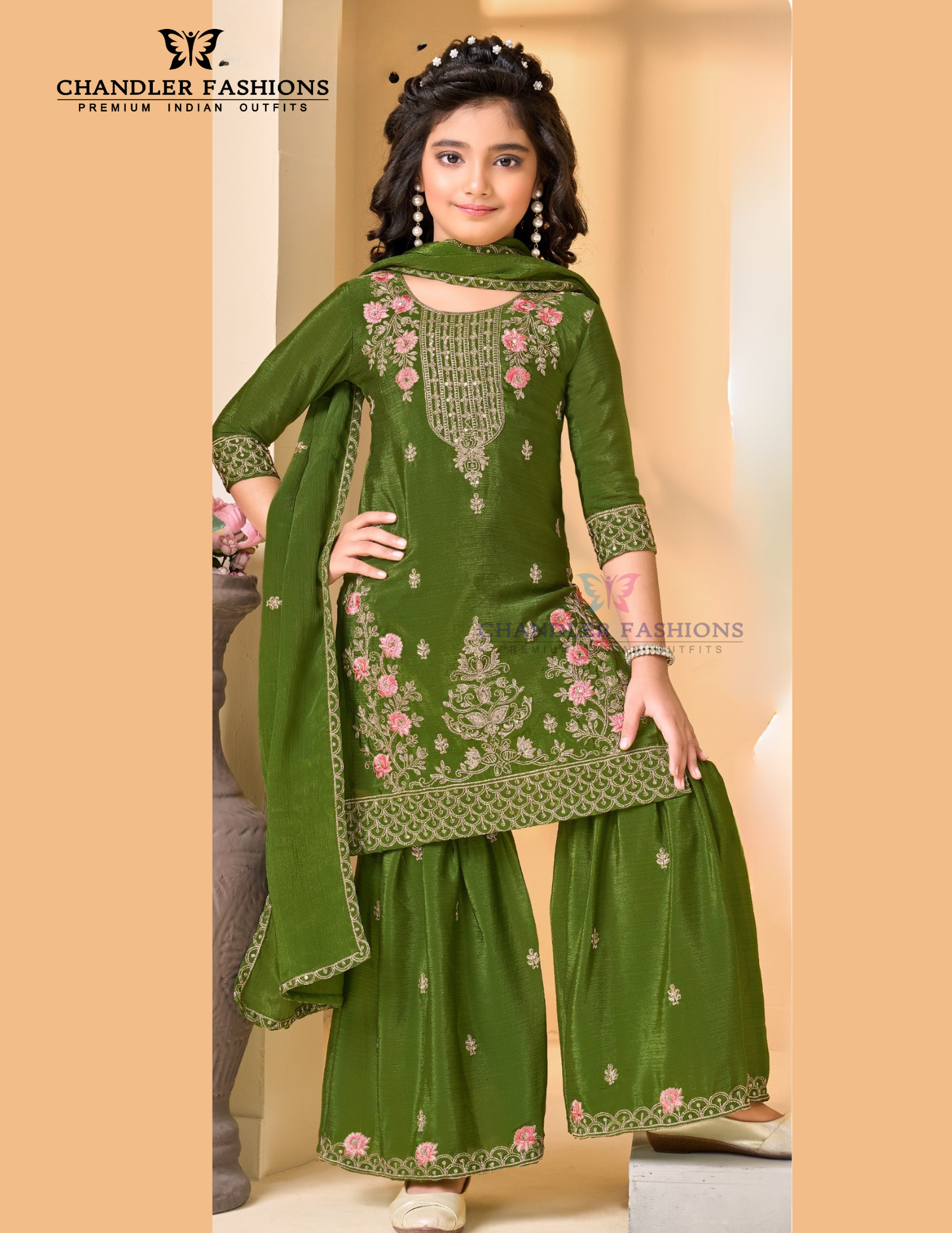 Attractive Olive Green Color Heavy Chinon With Embroidery And Sequins Work Palazzo Suits For Girls
