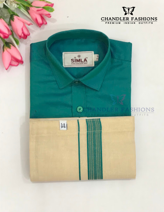 Wonderful Green Color Cotton Shirt With Tissue Zari Work Dhoti Set For Kids
