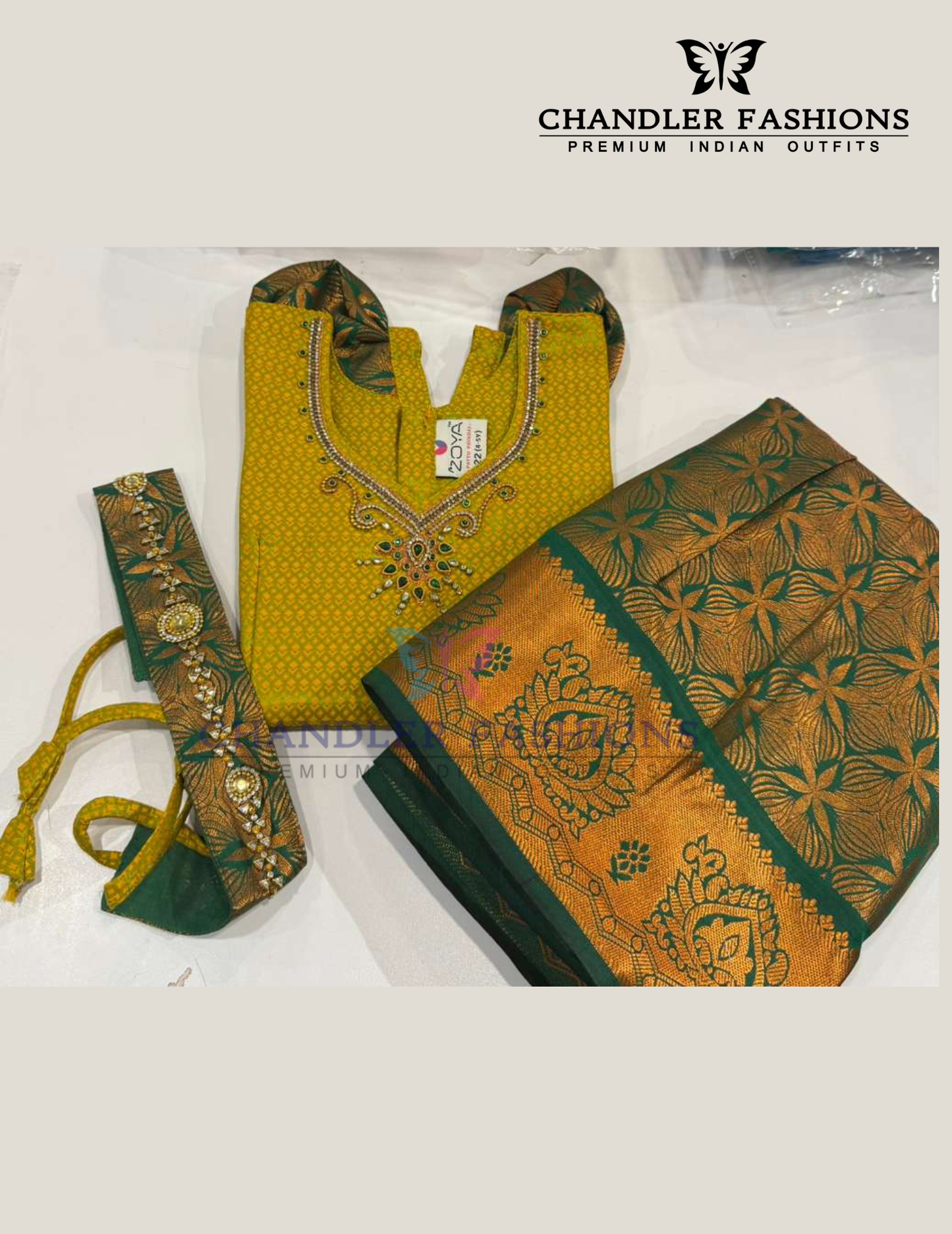Charming Yellow And Dark Green Color Silk Langa Set With Hip Belt For Girls