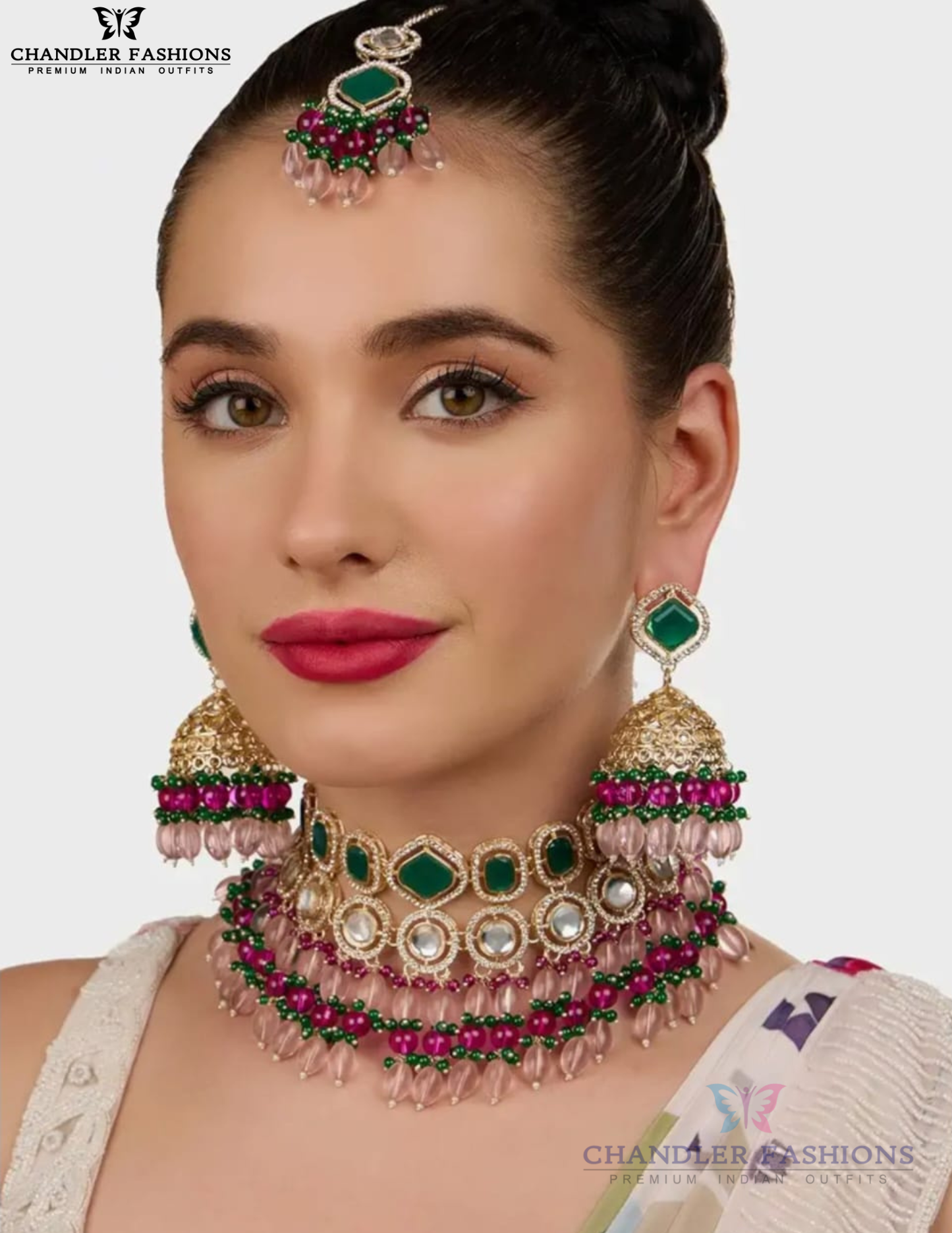 Beautiful Green And Pink Color Stones Gold Plated Choker Set For Women