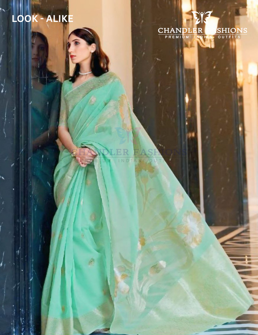 Attractive Green Colored Linen Saree With Blouse For Women