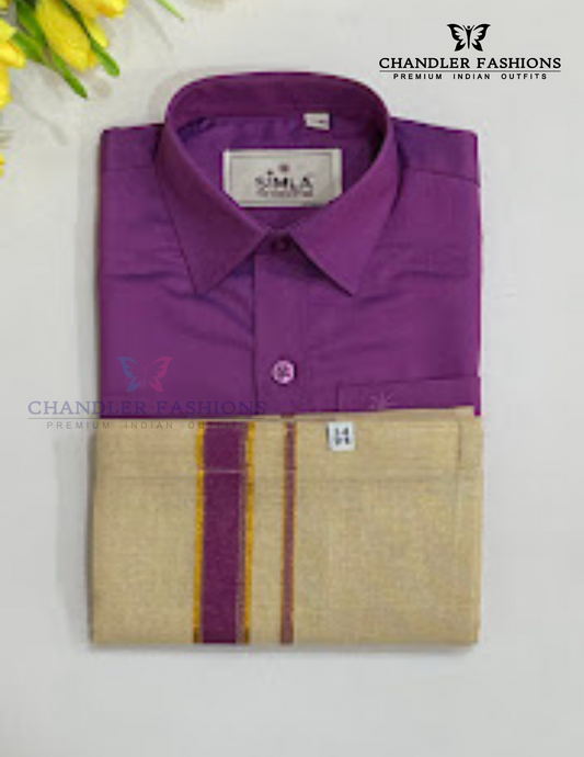 Beautiful Purple Color Cotton Shirt With Tissue Zari Work Dhoti Set For Kids