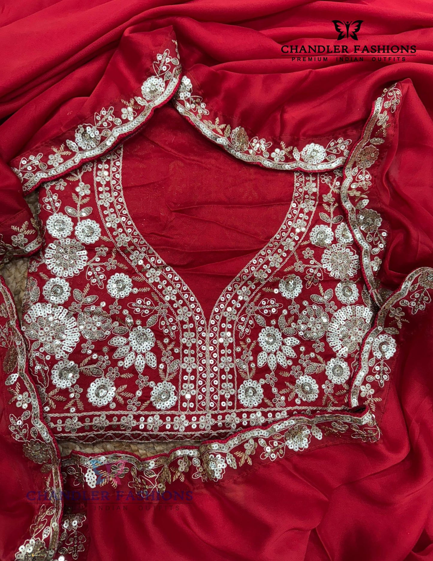 Red Color Sequins And Embroidery Work Saree Near Me