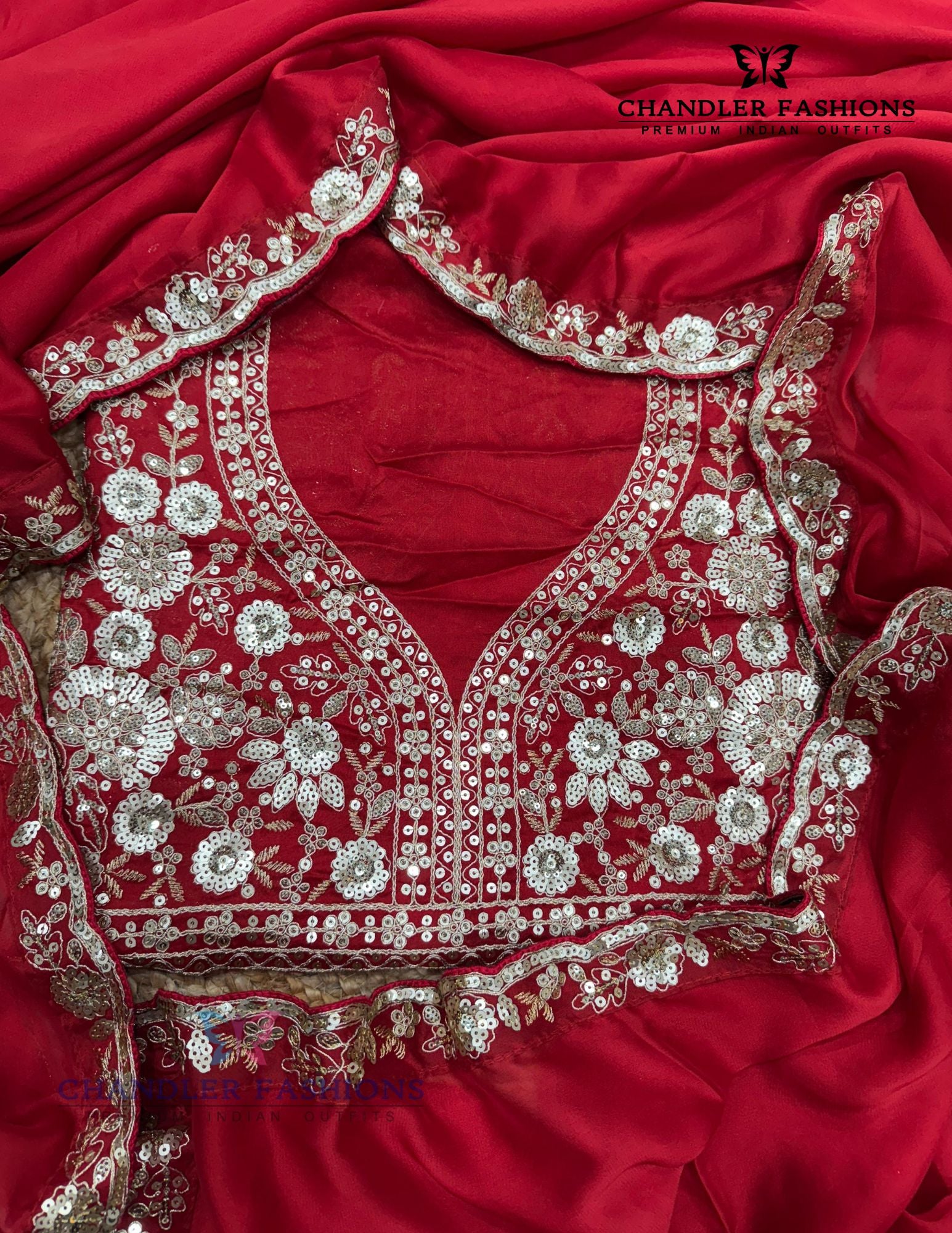 Red Color Sequins And Embroidery Work Saree Near Me