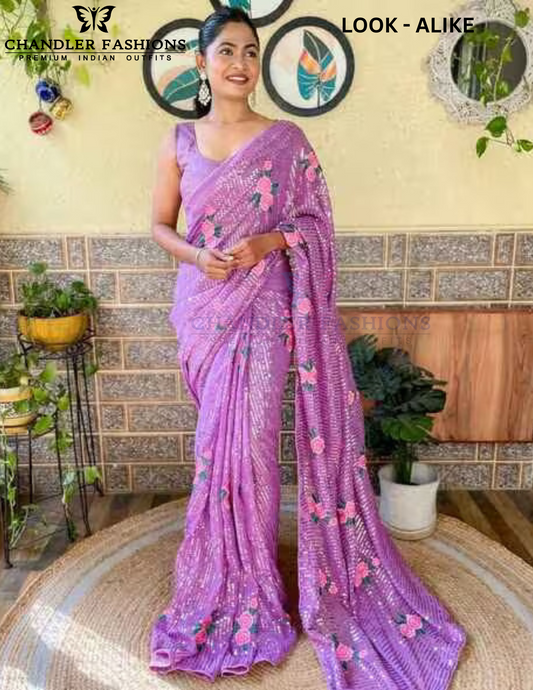 Charming Lavender Color Georgette And Sequins With Thread Work Saree