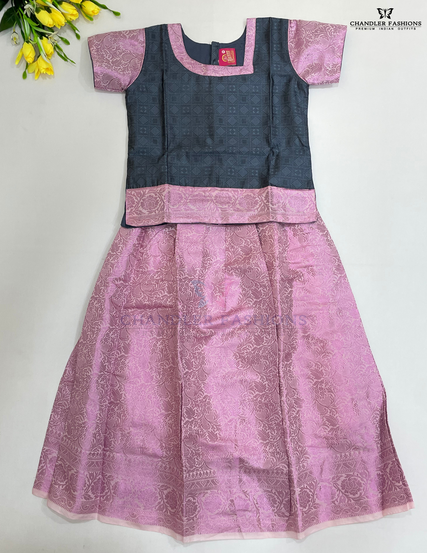 Attractive Gray And Pink Colored Self Design Silk Langa Sets For Girls