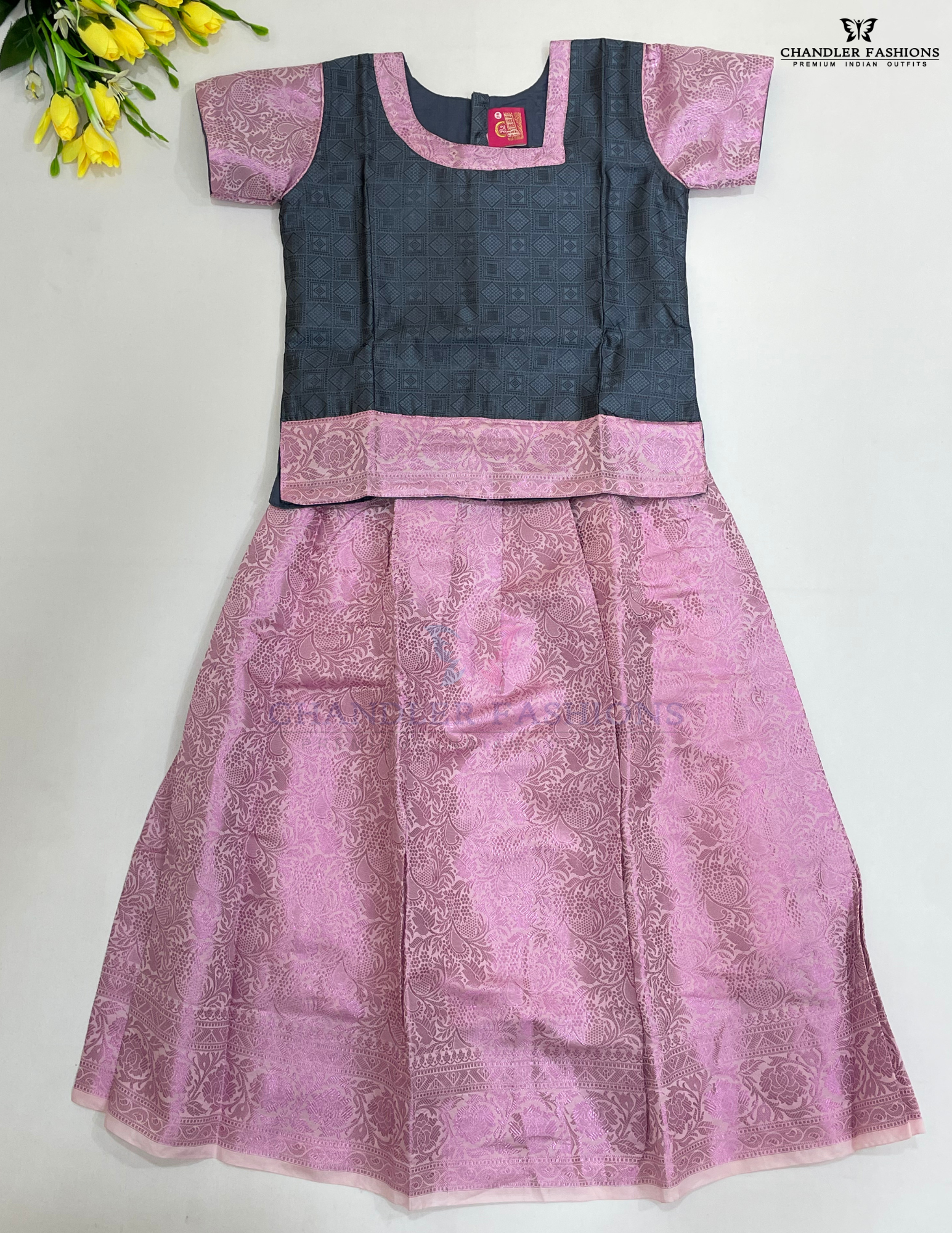Attractive Gray And Pink Colored Self Design Silk Langa Sets For Girls