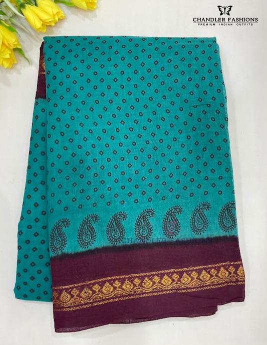 Wonderful Dark Green Color Cotton Saree With Zari Work For Women