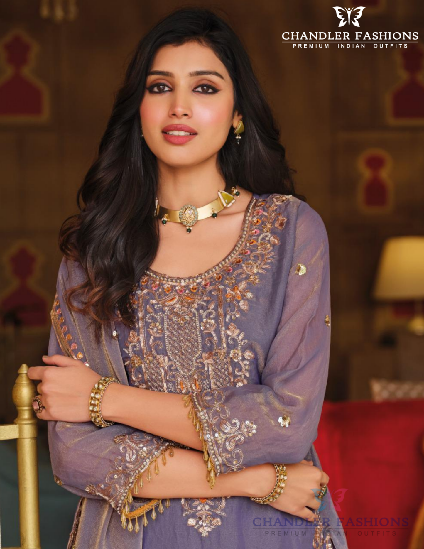 Light Purple Color Beads Work Palazzo Suits And Dupatta Near Me