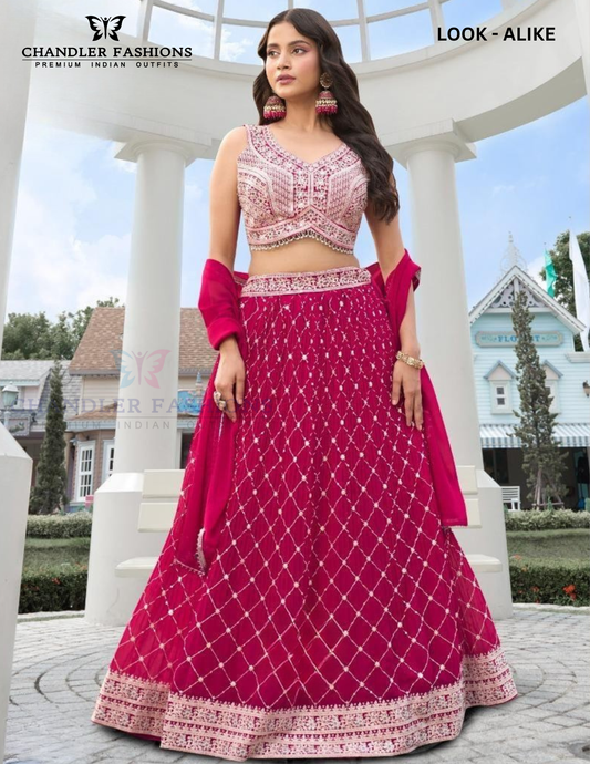 Charming Dark Pink Color Embroidery Mirror And Sequins Work Lehenga For Women