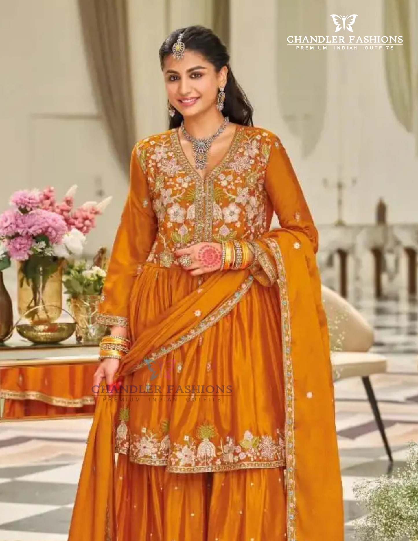 Elegant Orange Color Chinon With Emboidery Work Sharara Suits With Dupatta Near Me