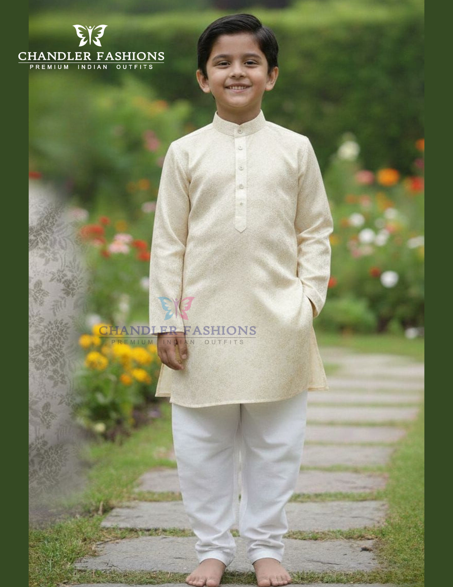 Pretty Cream Color Jacquard Silk With Pajama Kurta For Boys