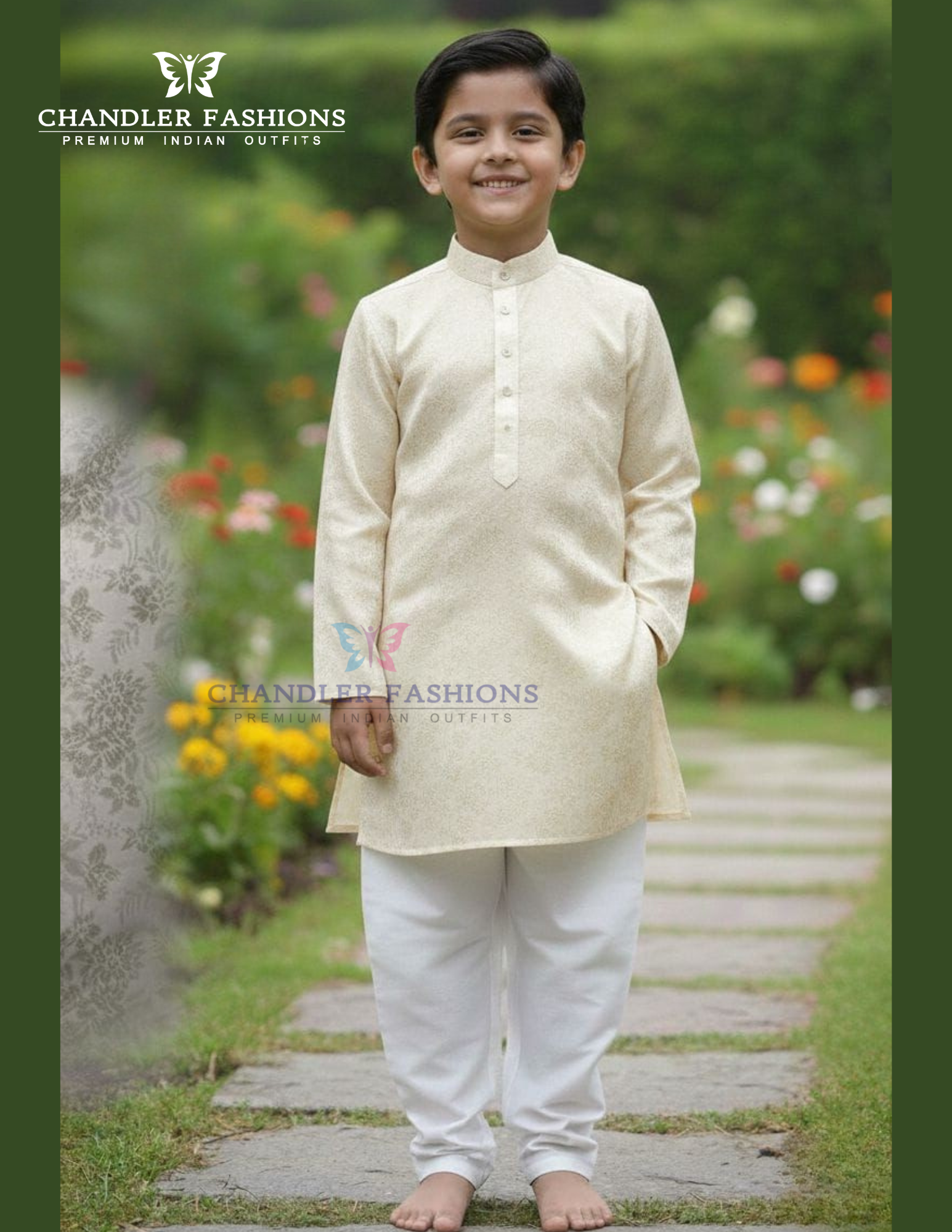 Pretty Cream Color Jacquard Silk With Pajama Kurta For Boys