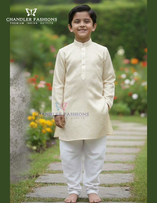 Pretty Cream Color Jacquard Silk With Pajama Kurta For Boys