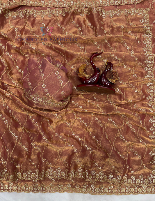 Appealing Copper Color Soft Space Silk With Sequins Embroidery Work Saree For Women
