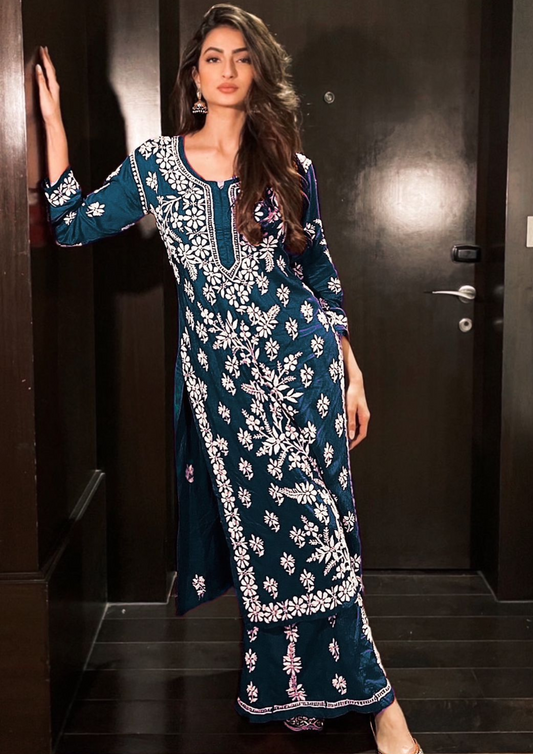 Heavenly Teal Blue Colored Heavy Rayon With Embroidery Kurti With Palazzo Suits For Women