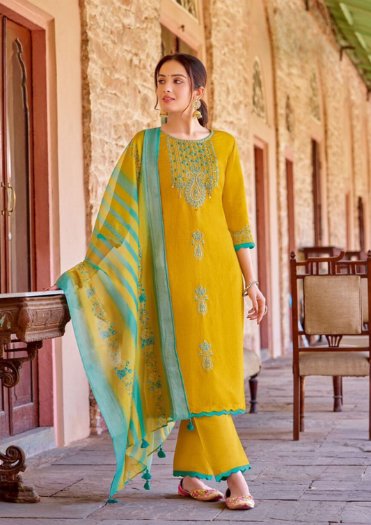 Charming Yellow Colored Thread And Handwork Salwar Suits With Dupatta Set