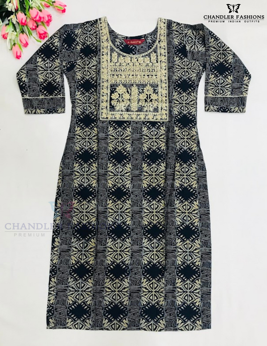 Charming Dark Blue Color Poly Cotton With Embroidery And Sequins Work Kurti In Suncity