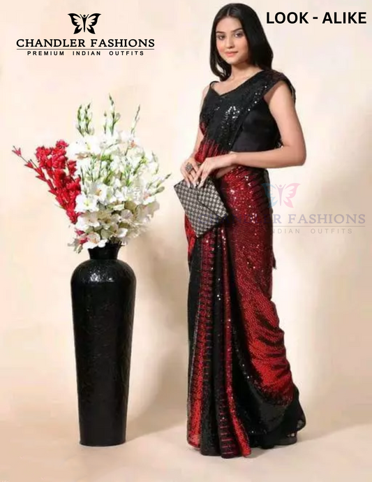 Attractive Red Color Party Wear Georgette Sequins Work Saree With Double Shade For Women