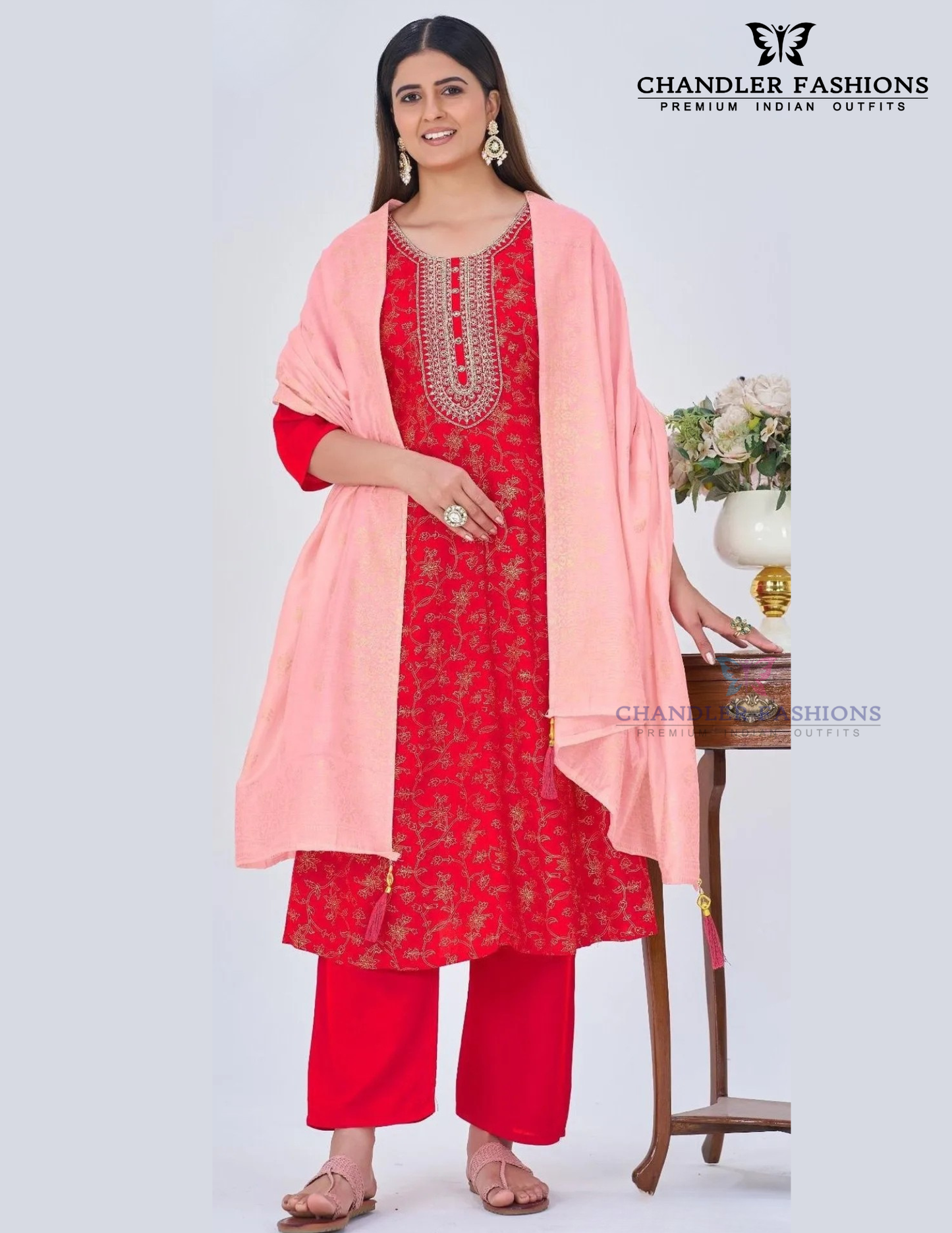 Pretty Red Color Rayon With Embroidery And Sequins Work Salwar Suits